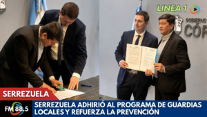 El intendente Ricardo Martin durante la firma del convenio para incorporar a Serrezuela al Programa Provincial de Guardias Locales.