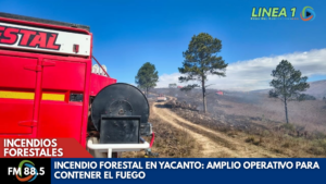 Bomberos y medios aéreos combaten un incendio forestal en Yacanto, departamento Calamuchita.