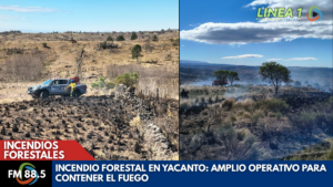 Bomberos y medios aéreos combaten un incendio forestal en Yacanto, departamento Calamuchita.