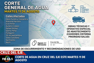 Corte general de agua en Cruz del Eje el martes 11 de agosto por obras de Aguas del Noroeste