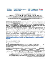 Convocan a audiencia pública digital por la construcción de la nueva línea de transmisión eléctrica de 132 kV entre La Falda y Cruz del Eje