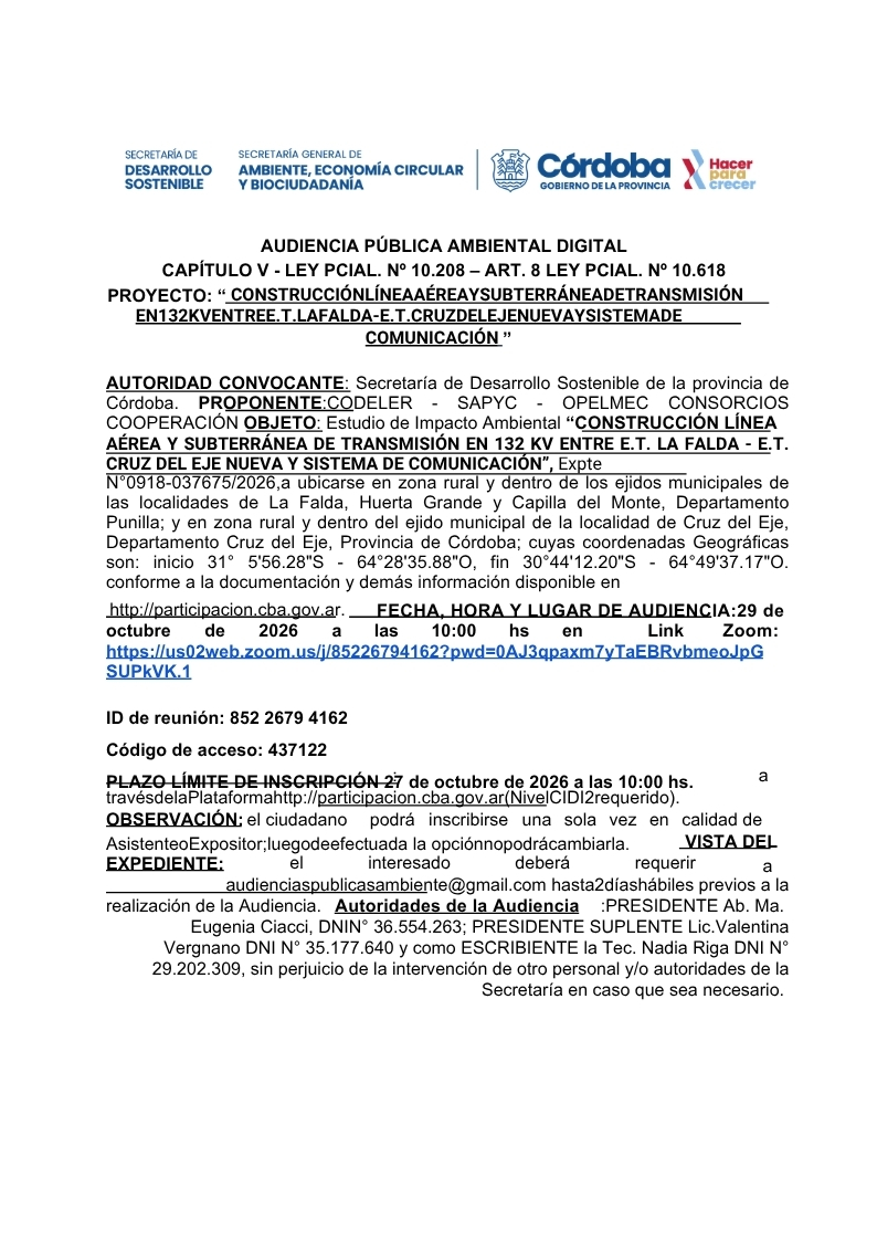 Convocan a audiencia pública digital por la construcción de la nueva línea de transmisión eléctrica de 132 kV entre La Falda y Cruz del Eje